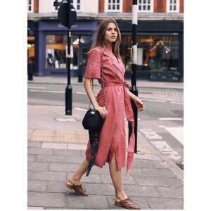 Free People Klara Solid Wrap Midi Linen Dress Size XS‎ Pink
